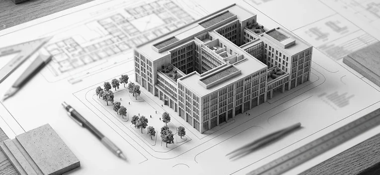 Architectural Blueprint and wooden interior design rendering